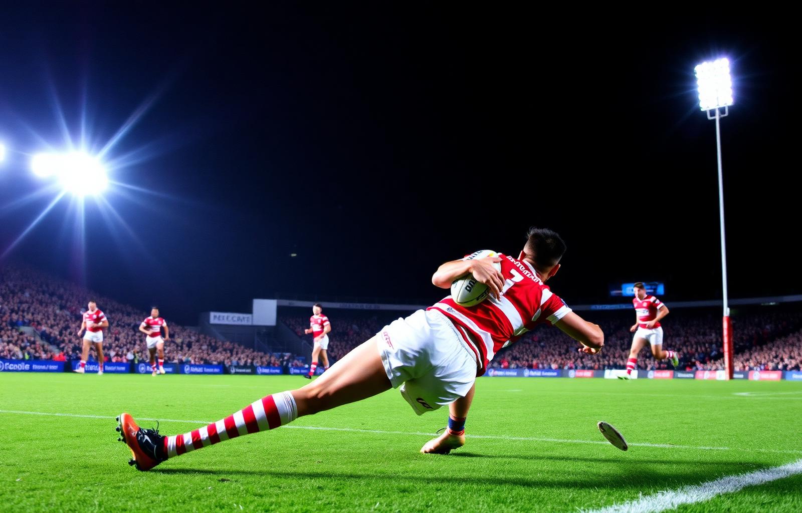Dragons rugby league player diving to score under stadium lights