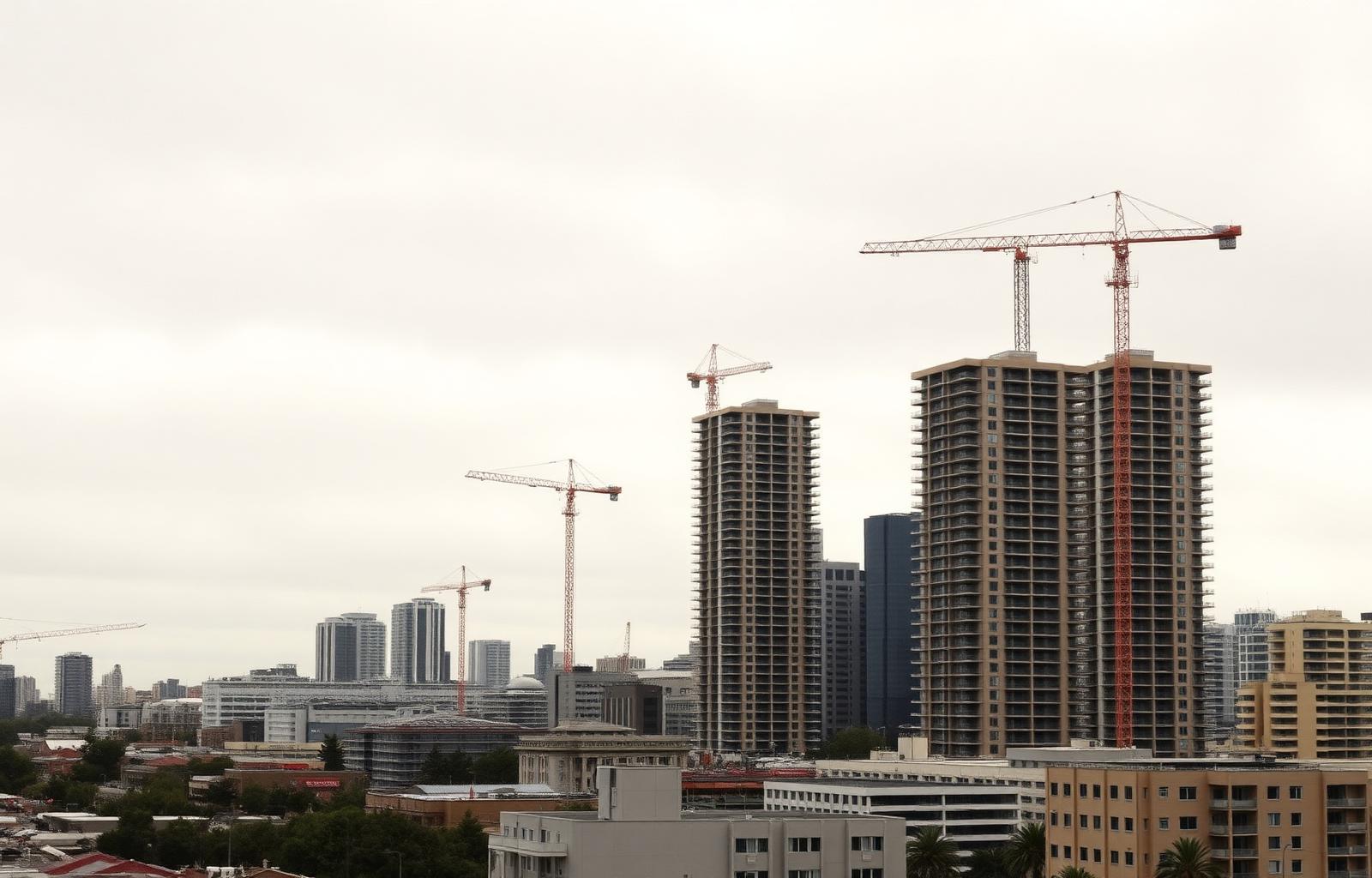 Construction cranes building apartment towers along Flinders Street, Wollongong